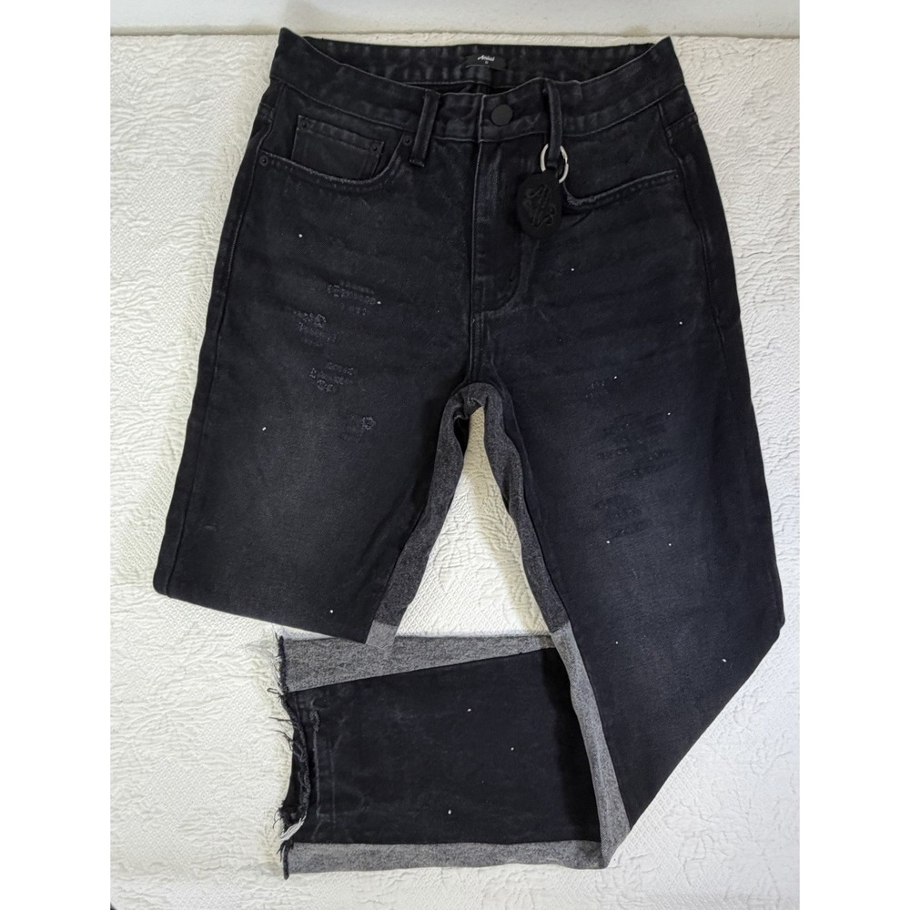 Amicci Contrast Side Panel Straight Denim Jeans Black/Grey Distressed 32x32 Raw